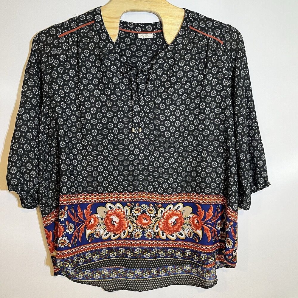 Antilia Femme Women's 3X Black Orange Floral Tunic 3/4 Sleeve Ties Boho Loose